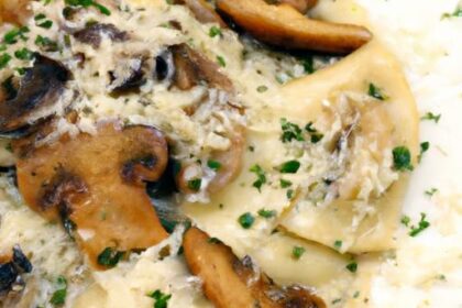 Savor Ravioli & Mozzarella Drenched in Creamy Mushroom Bliss
