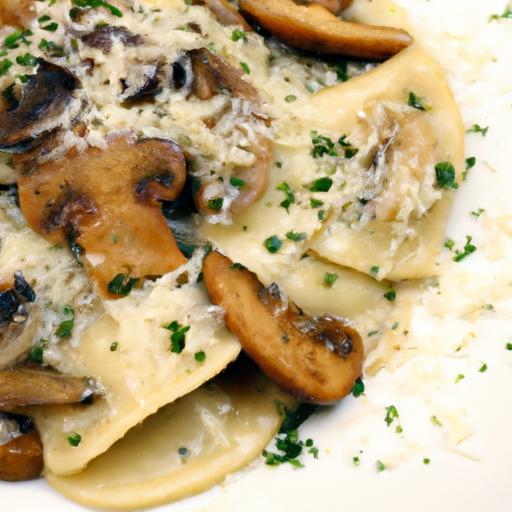 Savor Ravioli & Mozzarella Drenched in Creamy Mushroom Bliss