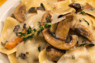 Savor Ravioli & Mozzarella in Lush Creamy Mushroom Sauce