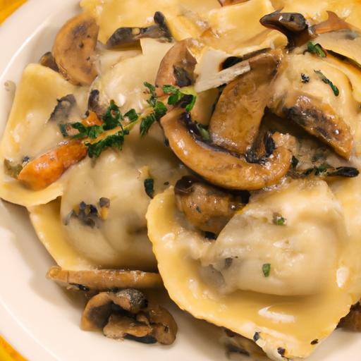 Savor Ravioli & Mozzarella in Lush Creamy Mushroom Sauce