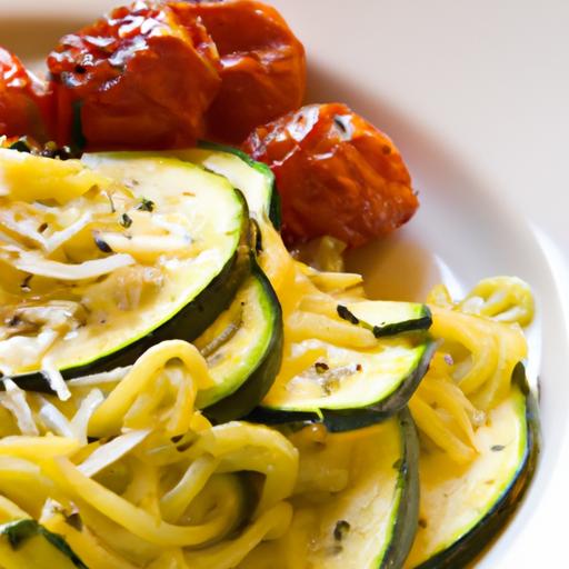 Brighten Dinner:⁣ spaghetti Squash Pesto Pasta⁣ with Cherry Tomatoes